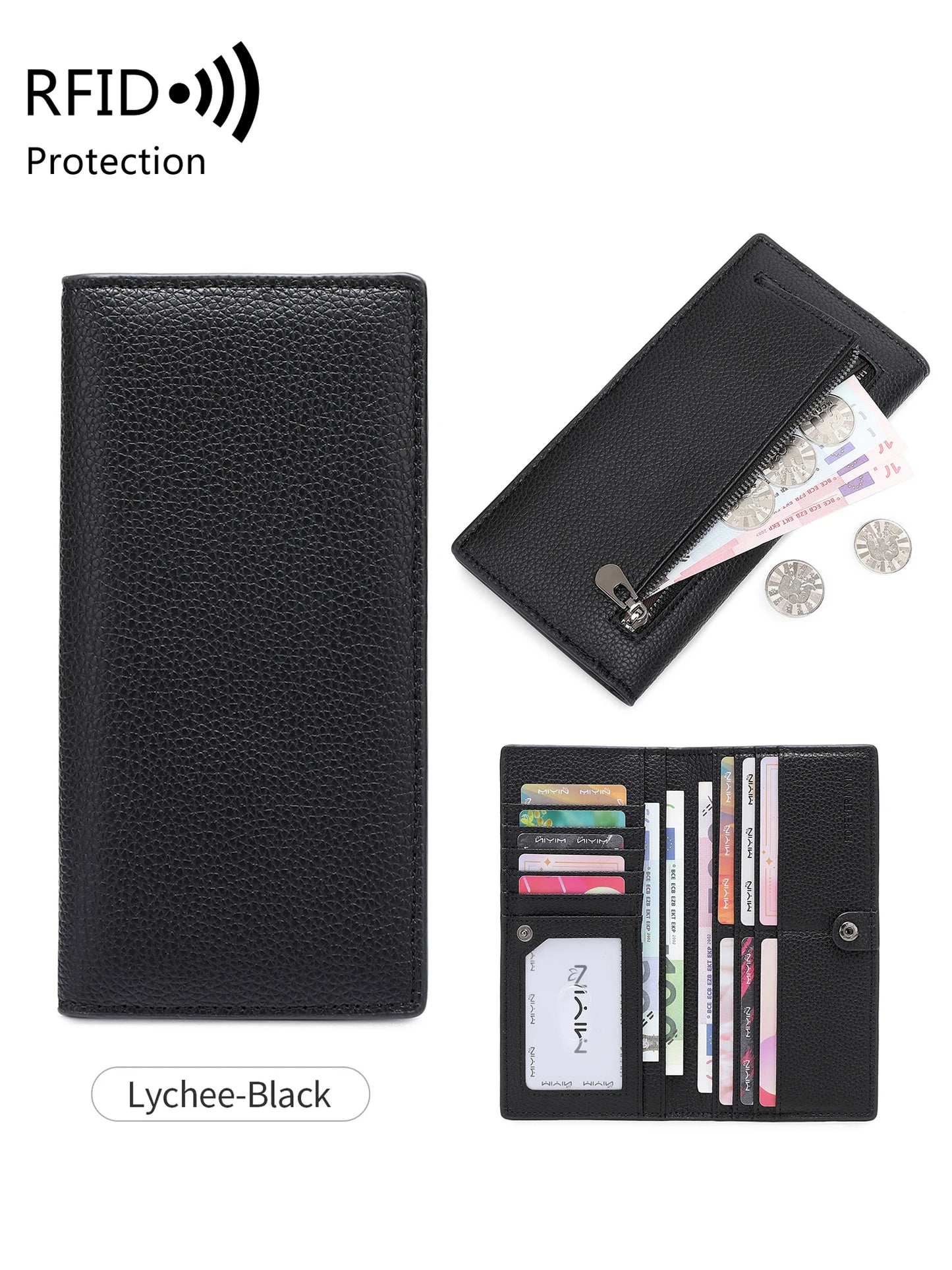 RFID Blocking Slim Bifold Wallet for Women with Zipper Coin Pocket
