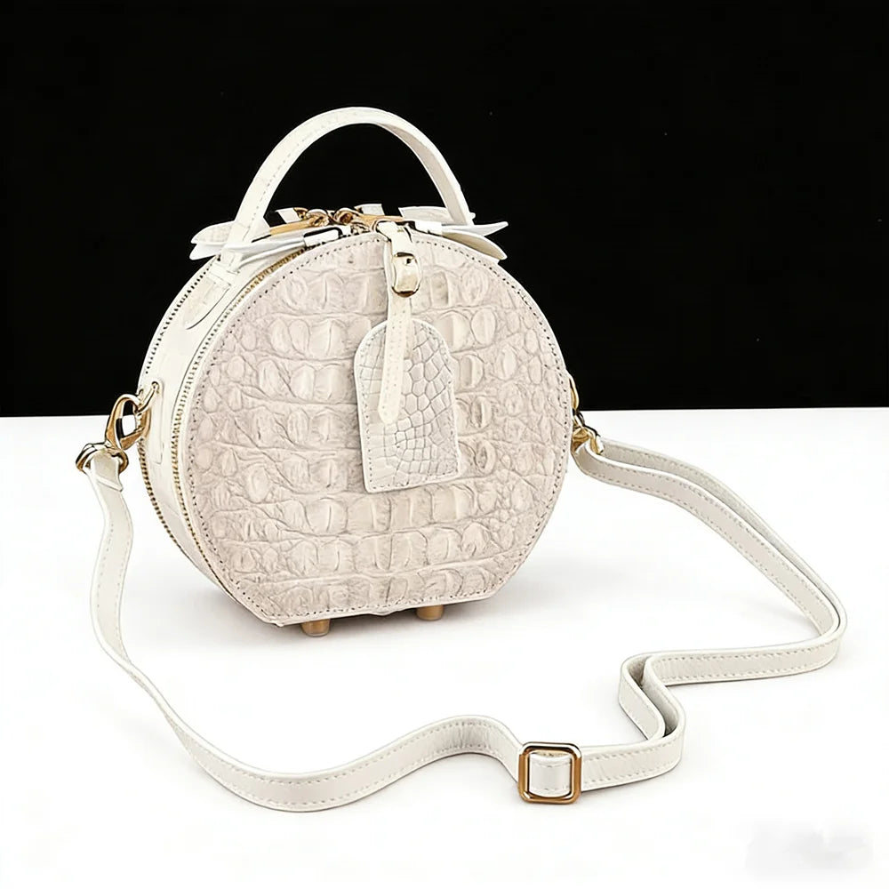 Crocodile Leather Round Bag – White Crossbody Handbag