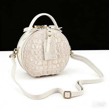 Crocodile Leather Round Bag – White Crossbody Handbag
