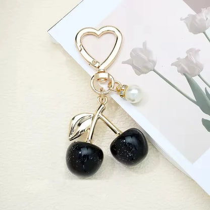 Cherry Resin Bag Charm Keychain with Heart Clip & Pearl