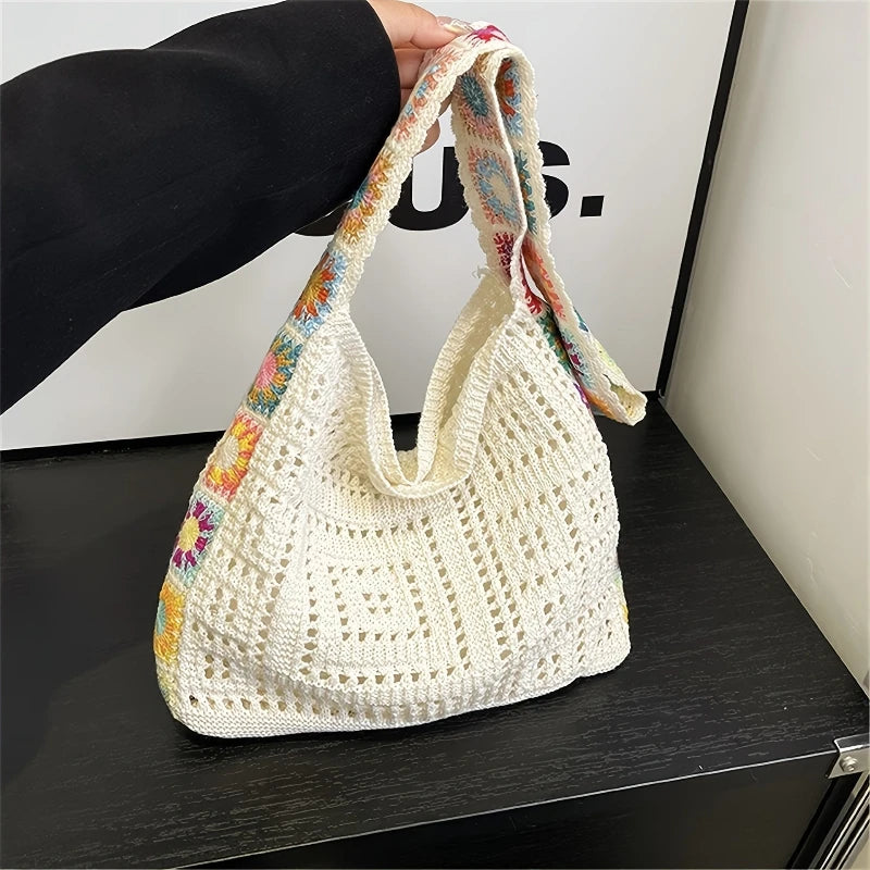 Boho Crochet Shoulder Bag – Floral Knit Large Tote