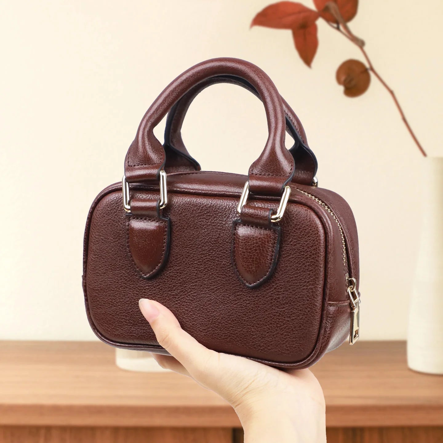 Genuine Leather Mini Boston Bag – Women's Crossbody Tote