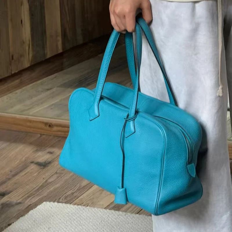 Large Boston Tote Bag – Lychee Pattern Leather Bowling Handbag
