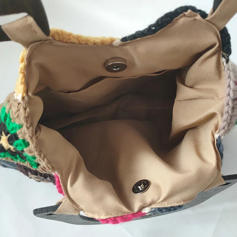 Bohemian Granny Squarecrochet Women Handbags Vintage Wooden Knitted Hand Bags Handmade Woven Large