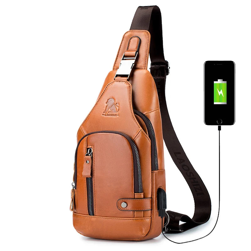 Men's Genuine Leather Sling Bag with USB Charging Port