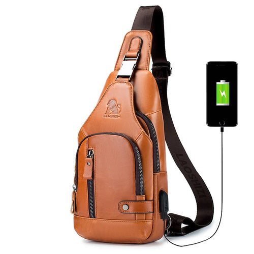 Men's Genuine Leather Sling Bag with USB Charging Port