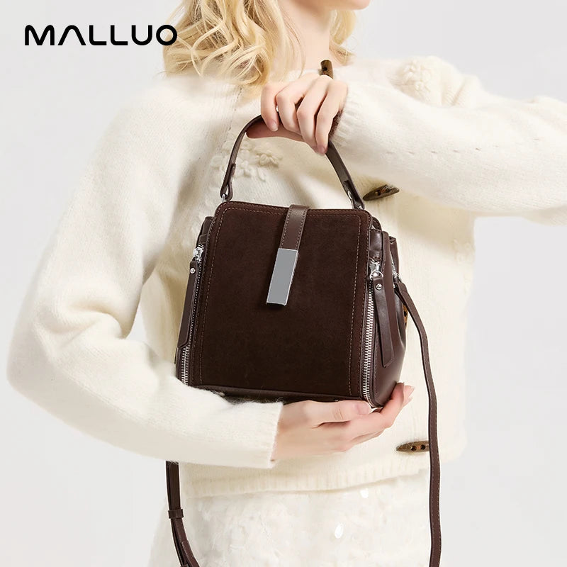 Suede Leather Shoulder Bag - Vintage Cowhide Handbag for Women