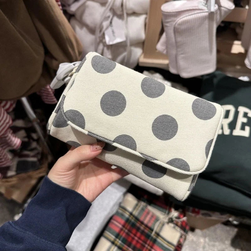 Makeup Bag with Mirror – Korean Striped Cosmetic Pouch