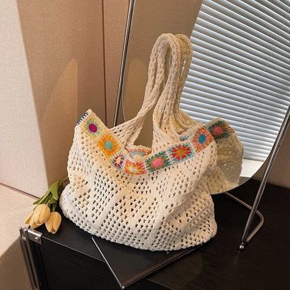 Bohemian Crochet Beach Tote Bag with Colorful Floral Trim