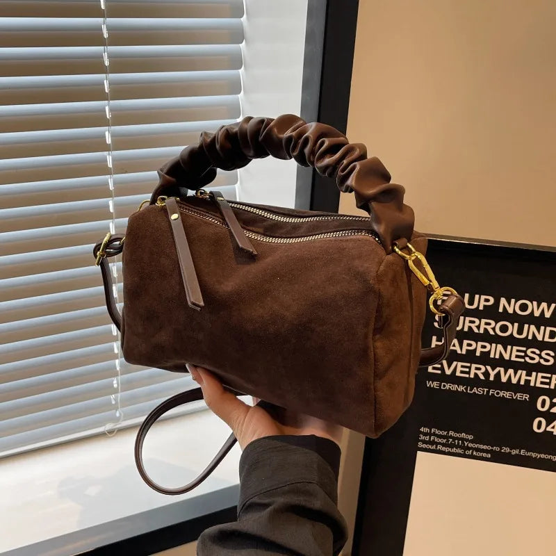 Suede Pillow Shoulder Bag with Ruched Handle for Women