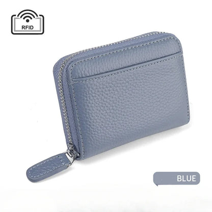 RFID Blocking Genuine Leather Card Holder Wallet with Zipper