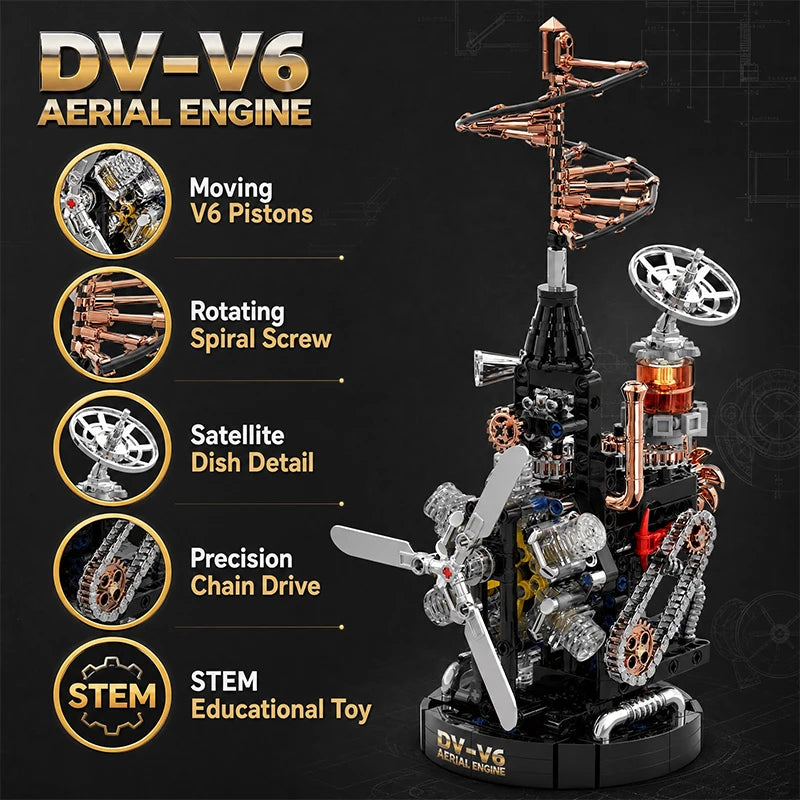 DV-V6 Aerial Engine MOC Building Block Set 707 Pcs Steampunk Motorized Model