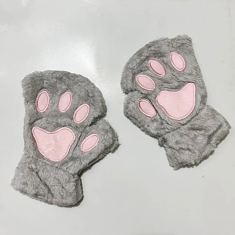Cat Paw Fingerless Gloves – Cute Fluffy Winter Mittens for Women & Girls