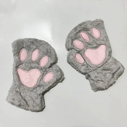 Cat Paw Fingerless Gloves – Cute Fluffy Winter Mittens for Women & Girls