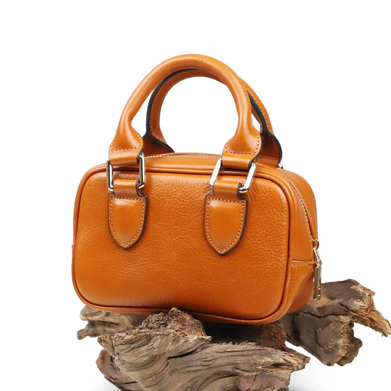 Genuine Leather Mini Boston Bag – Women's Crossbody Tote