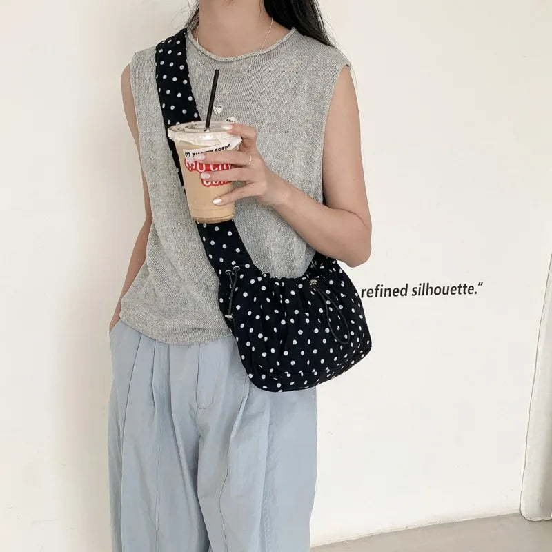 Polka Dot Shoulder Bag – Retro Drawstring Pleated Crossbody