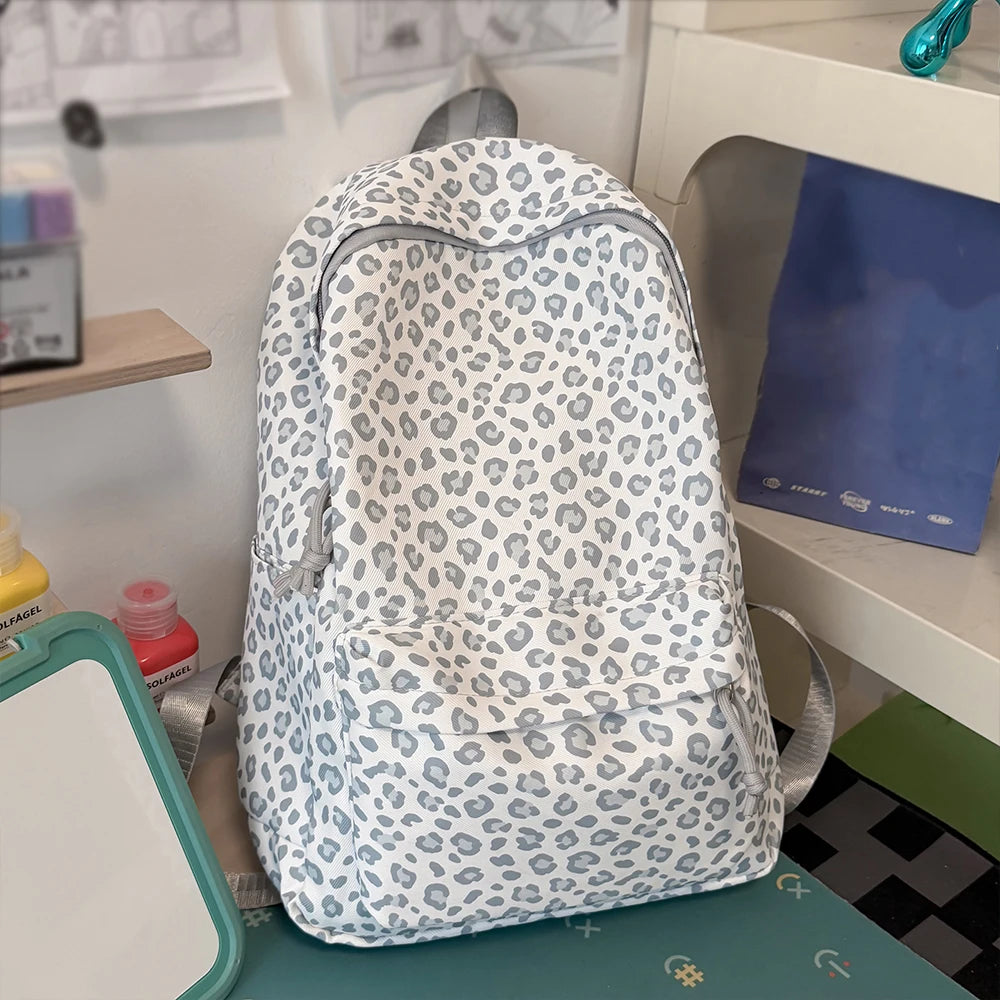 Leopard Print Backpack – Multi-Pocket Nylon Daypack