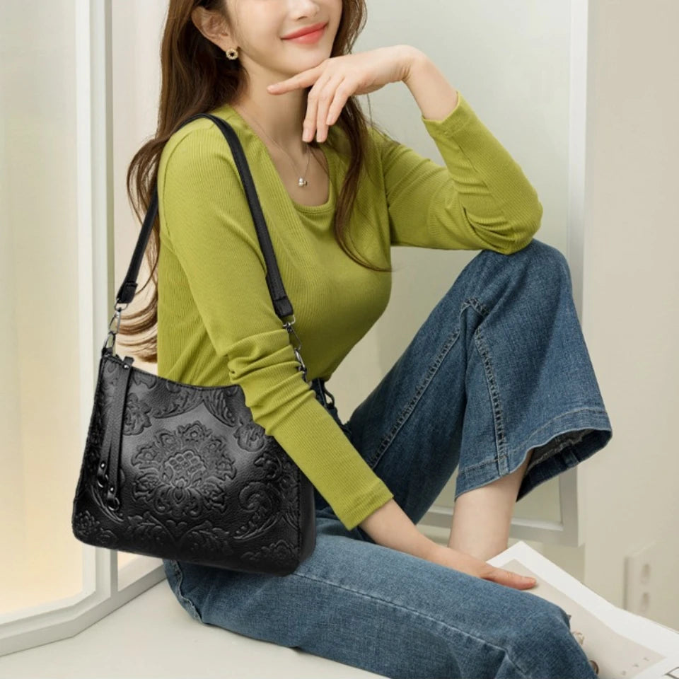 Retro Floral Embossed PU Leather Crossbody Bag for Women