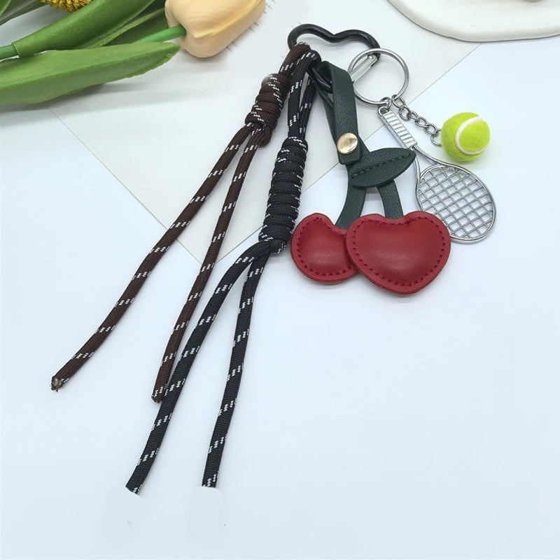 Cute Leather Dachshund Bag Charm Keychain with Cherry & Tassel