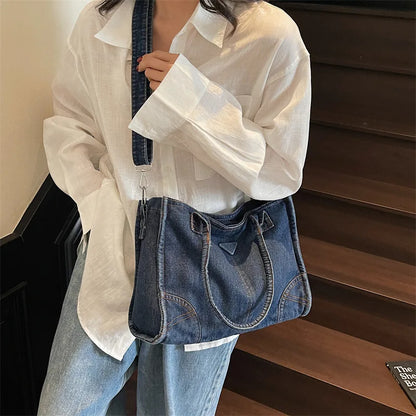 Trendy Summer Large Capacity Denim Shoulder Bag Korean Design Casual Minimalist Crossbody Versatile
