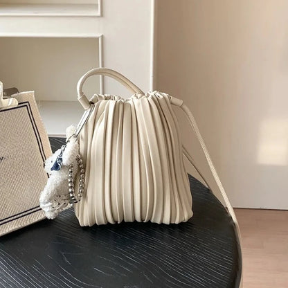 Pleated PU Leather Crossbody Bag – Mini Bucket Shoulder Bag for Women