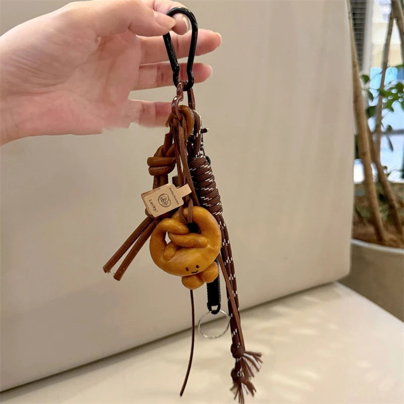 Cute Bread Charm Keychain – Korean Braided Rope Bag Pendant