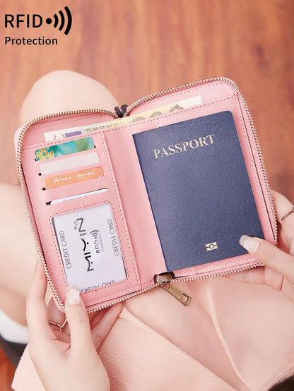 RFID Blocking Passport Wallet – PU Leather Zipper Travel Card Holder with ID Window