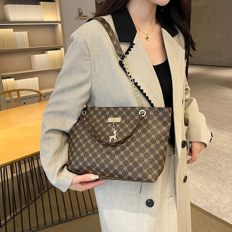 Large Capacity Women's Tote Bag with Gold Chain Strap & Print