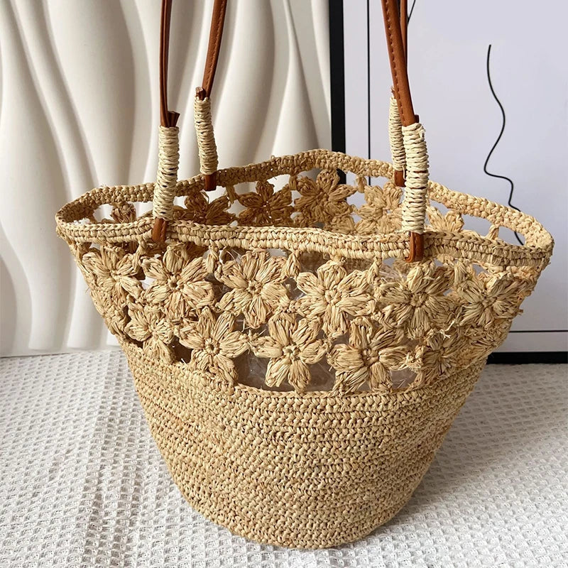 Raffia Crochet Tote Bag – Bohemian Woven Beach Shoulder Bag