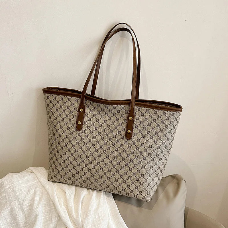 Large Capacity Tote Bag for Women – Monogram PU Leather Shoulder Bag
