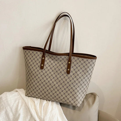 Large Capacity Tote Bag for Women – Monogram PU Leather Shoulder Bag