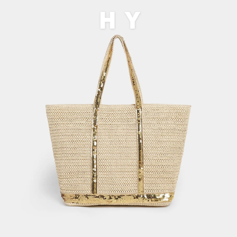 Sequin Woven Tote Bag – Large Straw Shopper for Women