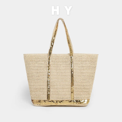 Sequin Woven Tote Bag – Large Straw Shopper for Women