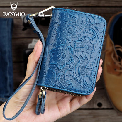 Genuine Leather Key Organizer Wallet – Floral Embossed Zipper Pouch with Wrist Strap