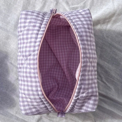 Quilted Checkered Makeup Bag – Large Capacity Cotton Cosmetic Pouch