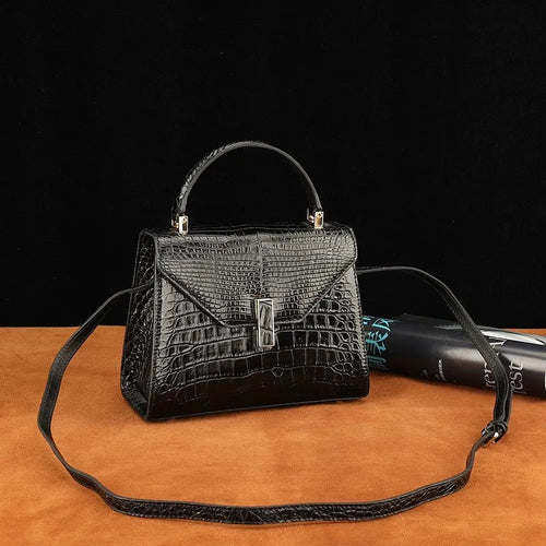 Crocodile Leather Top Handle Crossbody Bag – Black