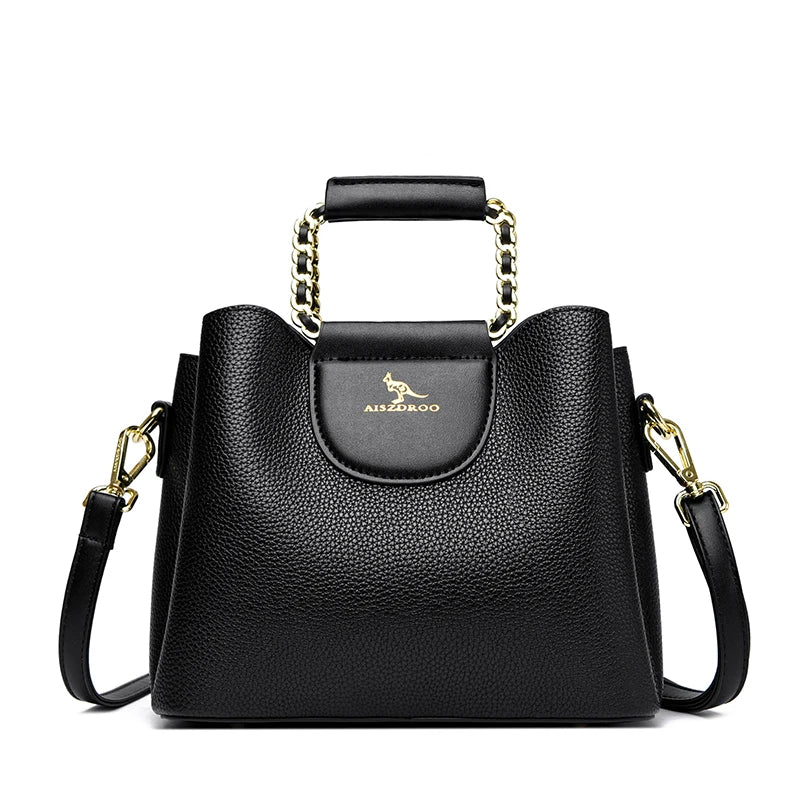 Luxury PU Leather Handbag for Women – 3-Layer Tote, Shoulder & Crossbody Bag
