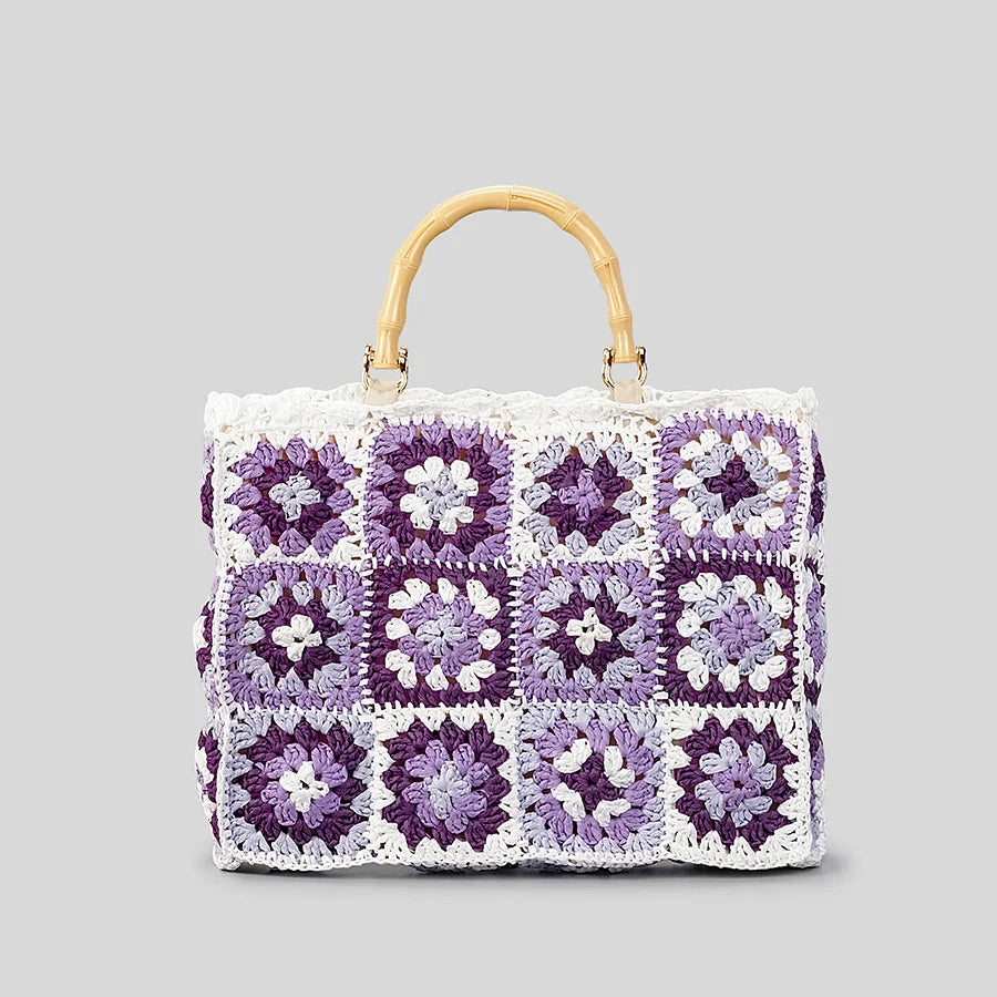 Bohemian Granny Square Staw Handbags Casual Paper Woven Bamboo Handle Women Hand Bags Handmade Summe