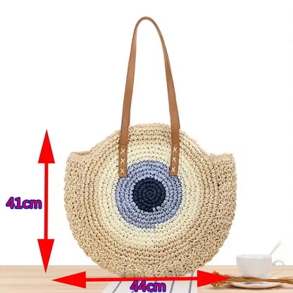 Handmade Straw Woven Round Beach Tote Bag