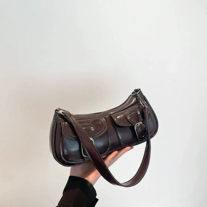 Women's Retro Leather Shoulder Bag with Buckle Detail