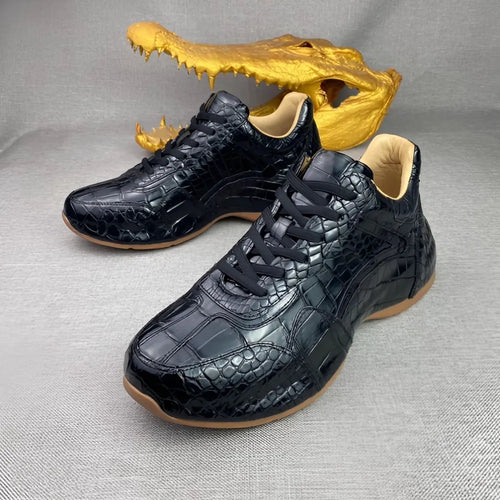Crocodile Leather Men's Thick-Sole Sneakers – Genuine Lace-Up Casual Shoes