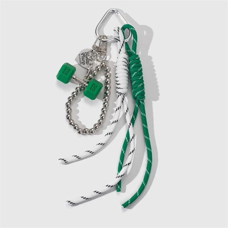 Dumbbell Keychain with Braided Rope & Silver Bead Chain