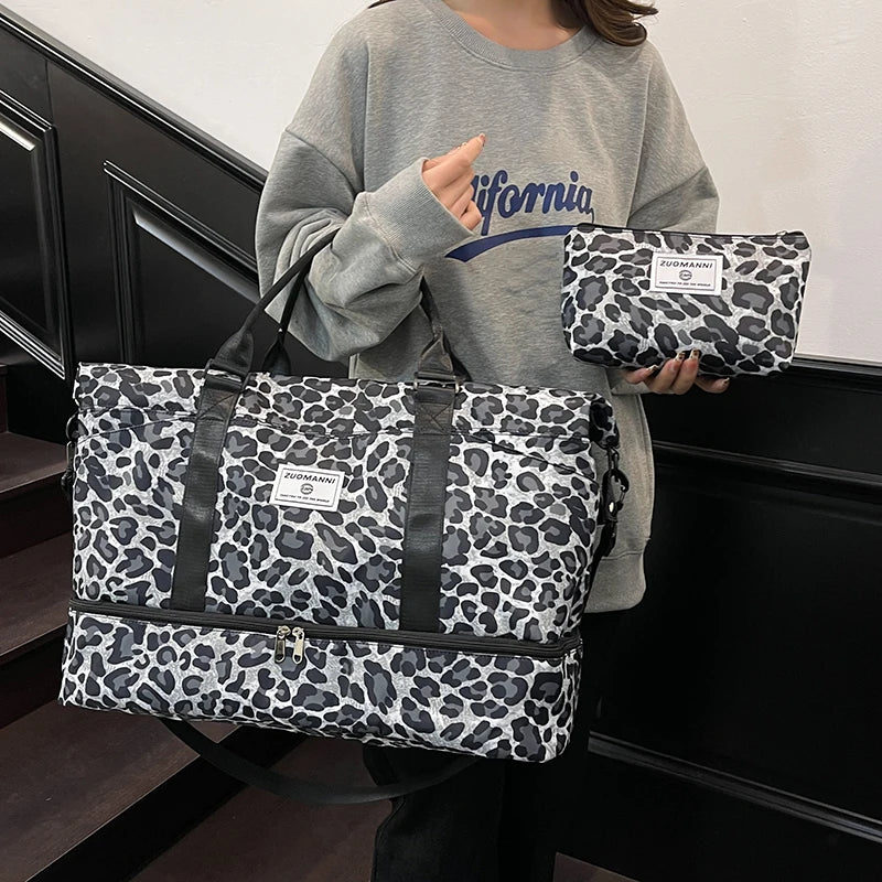 Leopard Print Travel Duffle Bag Set with Cosmetic Pouch
