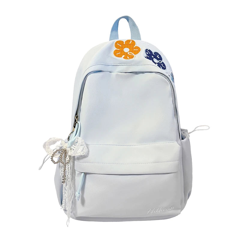 Kawaii Floral Bow Backpack for Girls – Large Nylon School Bag