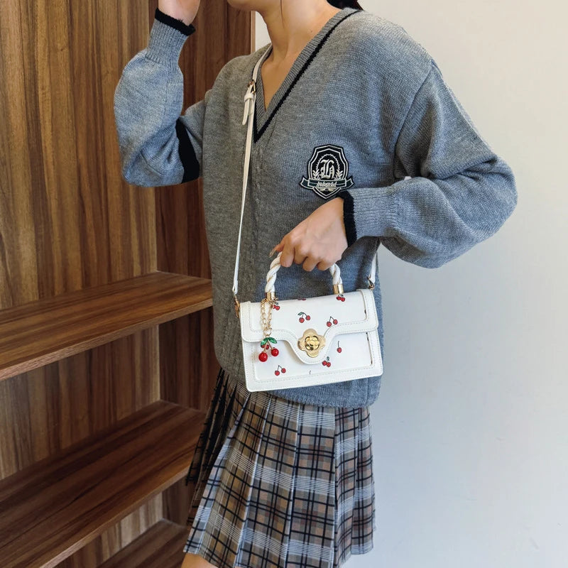 Cherry Print Crossbody Bag with Top Handle & Shoulder Strap