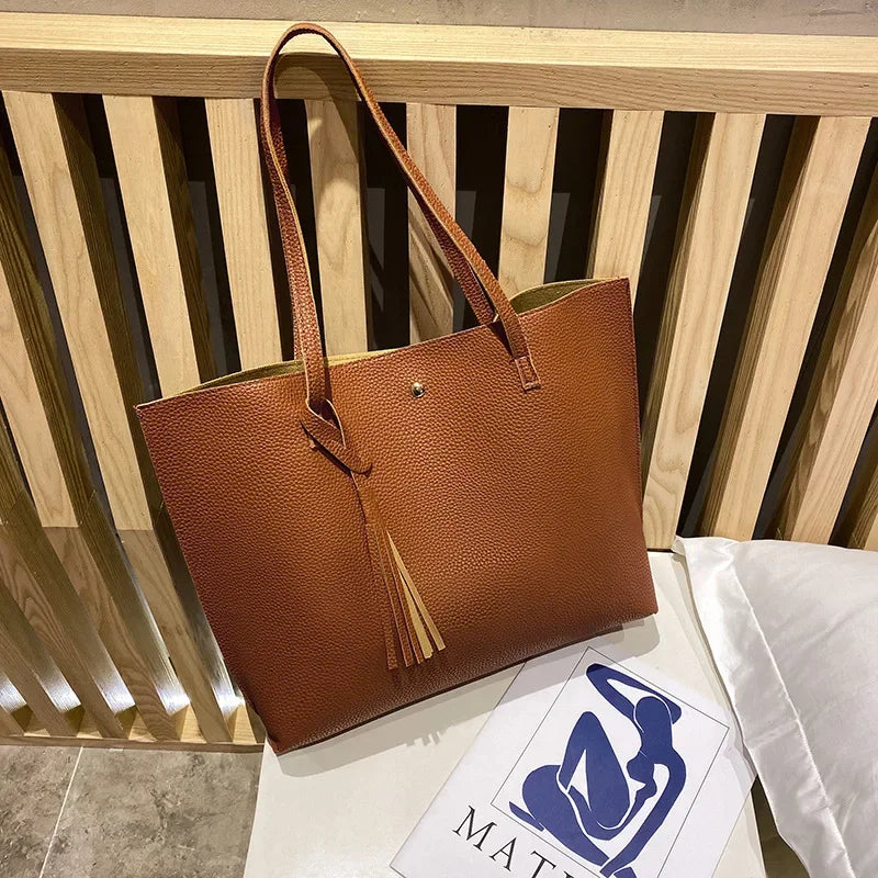 Trend Women Single Shoulder Bag Casual Large Capacity Pu Lychee Pattern Tassel Outdoor Simple Tote