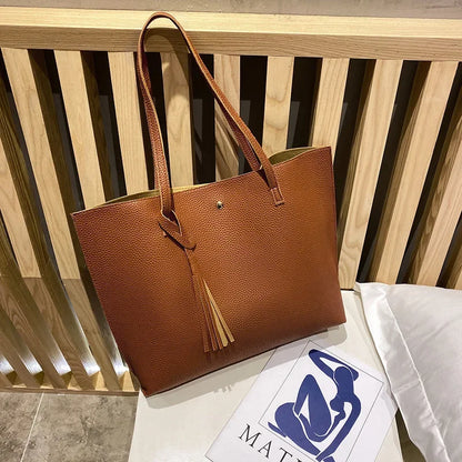 Trend Women Single Shoulder Bag Casual Large Capacity Pu Lychee Pattern Tassel Outdoor Simple Tote