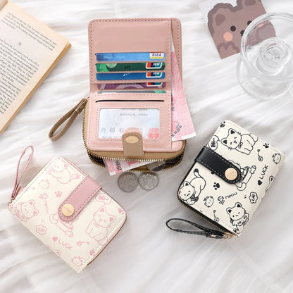 Cute Cat Print Short Wallet for Women – PU Leather Coin Purse