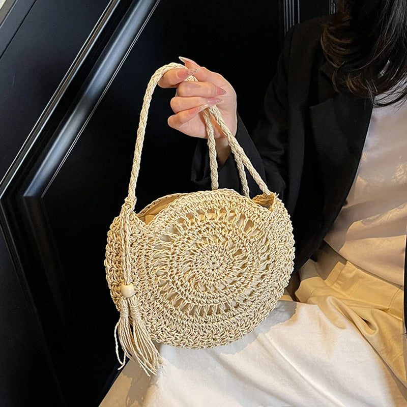 Round Straw Crossbody Bag – Boho Tassel Beach Bag