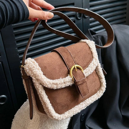 Suede Sherpa Crossbody Bag – Women's Plush Saddle Handbag
